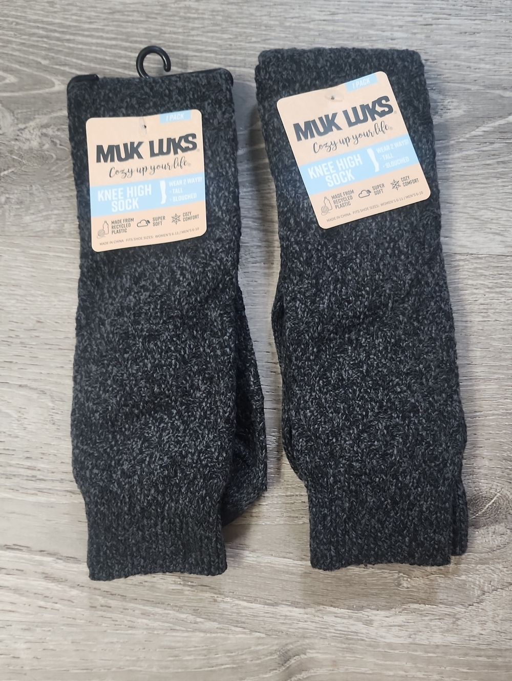 Muk Luks Knee High Socks Charcoal Heather Men's 6-10 Women's 6-11 2 Pair New